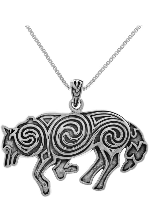 Sterling Silver Celtic Wolf Pendant on 18 Inch Box Chain Necklace
