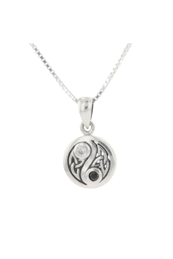 Sterling Silver Celtic Yin Yang Pendant with CZ on 18 Inch Box Chain Necklace