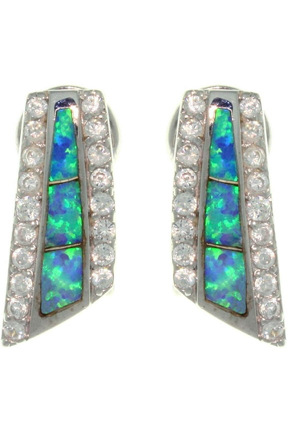 Sterling Silver Created Blue Opal Leverback Earrings with Clear Pave CZ