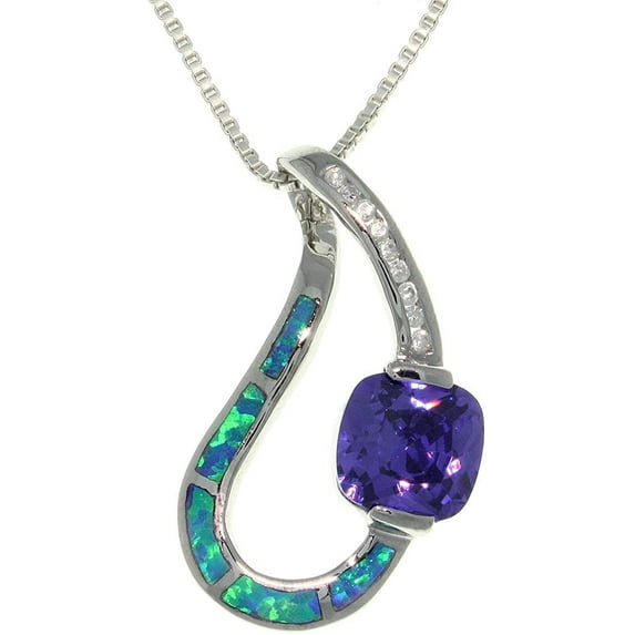 Jewelry Trends Sterling Silver Created Blue Opal Teardrop Pendant with CZ on Chain Necklace