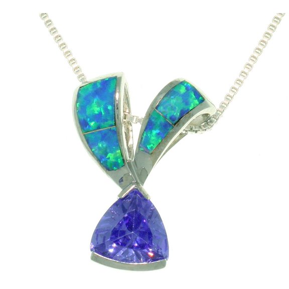 Jewelry Trends Sterling Silver Created Blue Opal and Purple CZ Ribbon Pendant on Chain Necklace