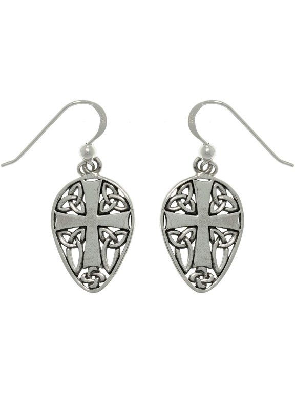 Sterling Silver Cross and Celtic Knots Shield Dangle Earrings