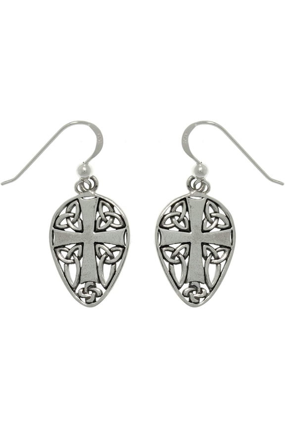 Sterling Silver Cross and Celtic Knots Shield Dangle Earrings