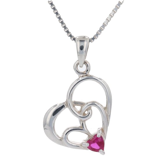Jewelry Trends Sterling Silver Double Heart Pendant with Created Ruby on 18 Inch Box Chain Necklace