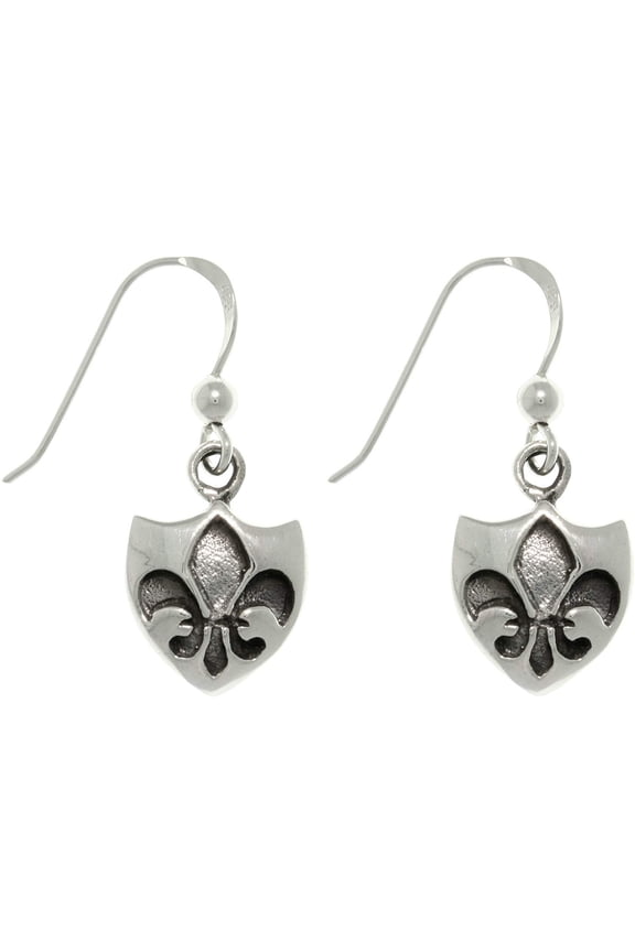 Sterling Silver Fleur De Lis Shield Dangle Earrings