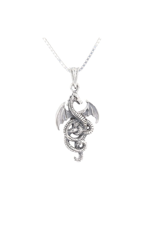 Sterling Silver Flying Wing Dragon Pendant on 18 Inch Box Chain Necklace