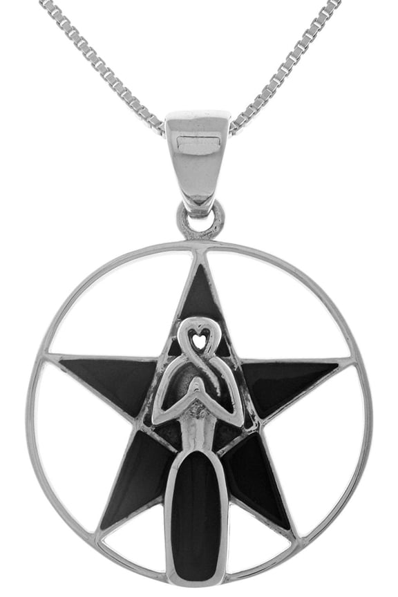 Sterling Silver Goddess Pentacle Pendant Necklace 18" Created Black Onyx