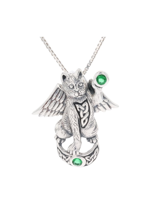 Sterling Silver Guardian Angel Wing Cat Celtic Pendant with Green Glass Chain Necklace