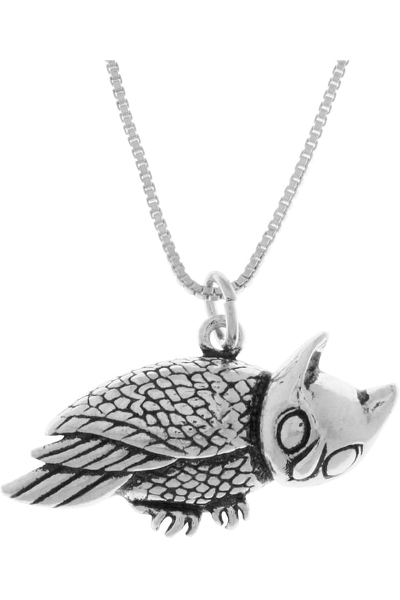 Sterling Silver Horned Barn Owl Pendant on 18 Inch Box Chain Necklace