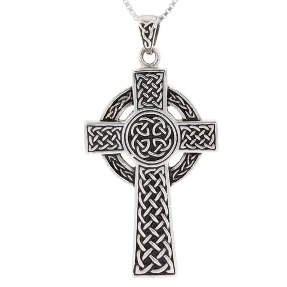 Jewelry Trends Sterling Silver Large Celtic Circle of Life Cross Pendant on 18 Inch Box Chain Necklace
