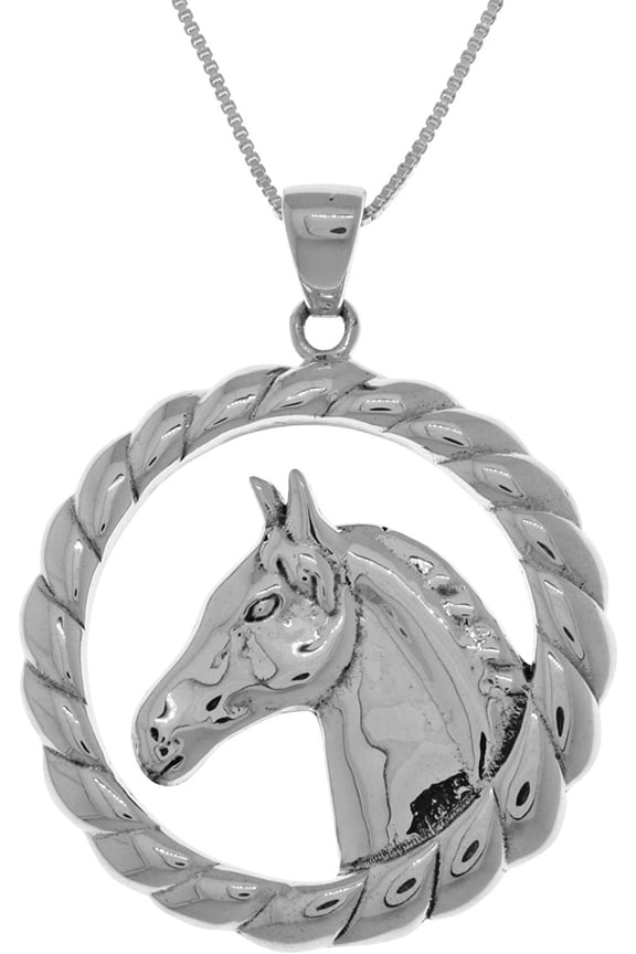 Sterling Silver Large Horse Profile Pendant on 18 Inch Box Chain Necklace