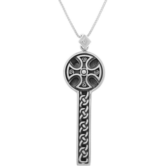 Jewelry Trends Sterling Silver Long Celtic Cross Pendant on 18 Inch Box Chain Necklace