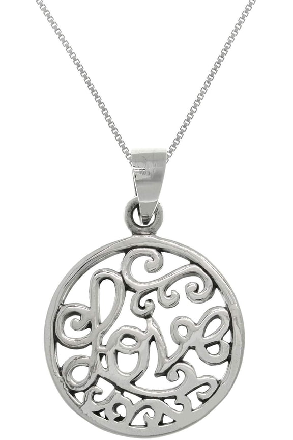 Sterling Silver Love Word Round Pendant on 18 Inch Box Chain Necklace