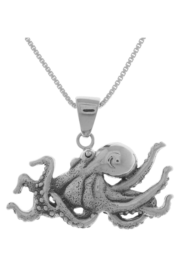 Sterling Silver Octopus Ocean Life Pendant on 18 Inch Box Chain Necklace