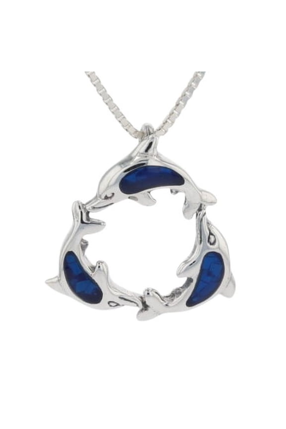 Sterling Silver Paua Shell Trinity Dolphins Pendant on 18 Inch Box Chain Necklace