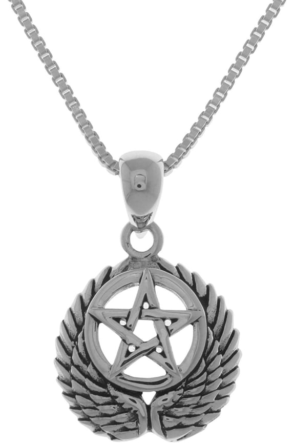 Sterling Silver Pentacle with Wings Pendant on 18 Inch Box Chain Necklace