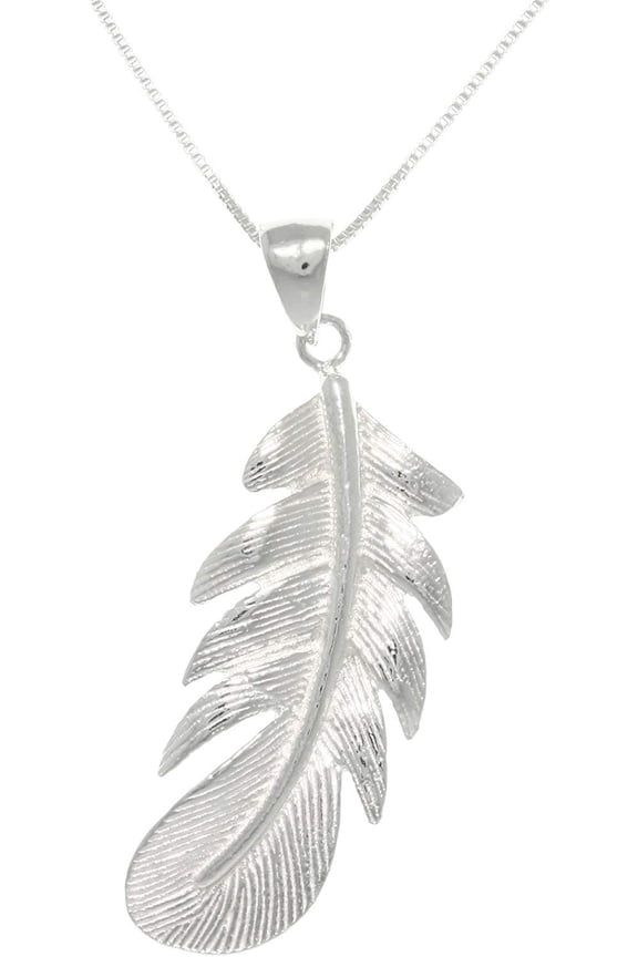 Sterling Silver Polished Long Feather Pendant on 18 Inch Box Chain Necklace