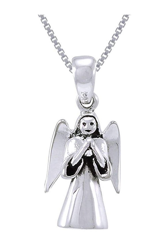 Sterling Silver Praying Angel Pendant on 18 Inch Box Chain Necklace