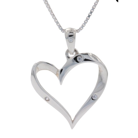 Jewelry Trends Sterling Silver Ribbon Heart Pendant with Cubic Zirconia on 18 Inch Box Chain Necklace