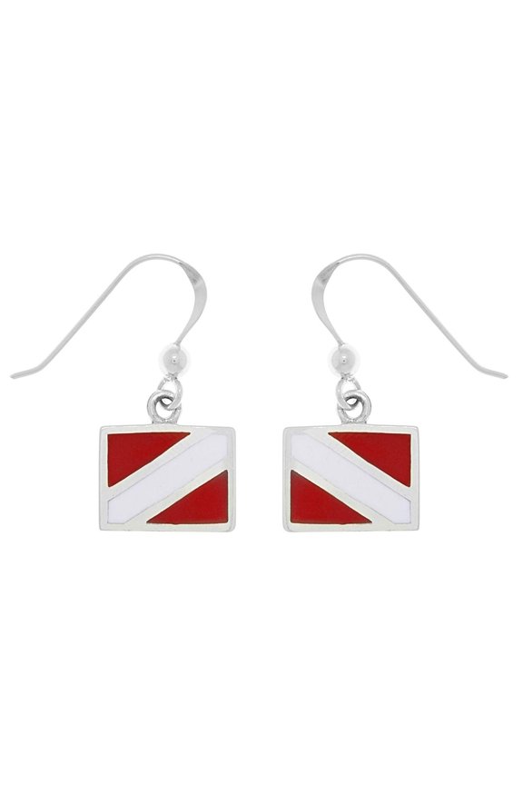 Sterling Silver Scuba Diver Down Flag Red Enameled Diver Down Dangle Earrings