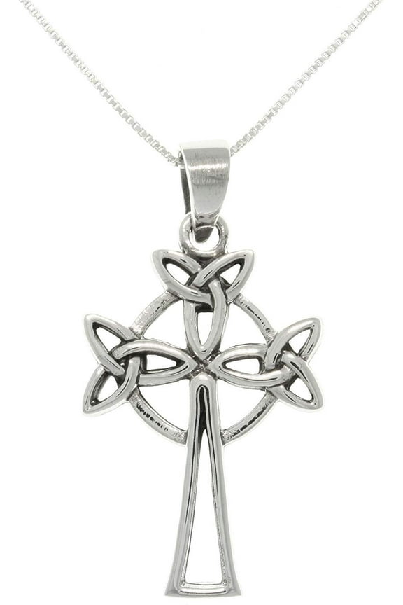Sterling Silver Trinity Knot Celtic Cross Pendant with 18 Inch Chain Necklace