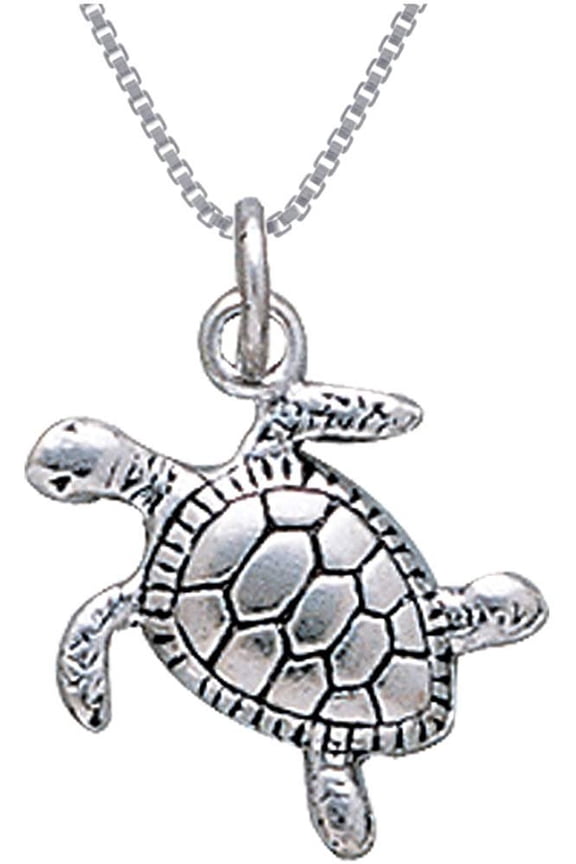 Sterling Silver Turtle Charm Pendant on 18 Inch Box Chain Necklace