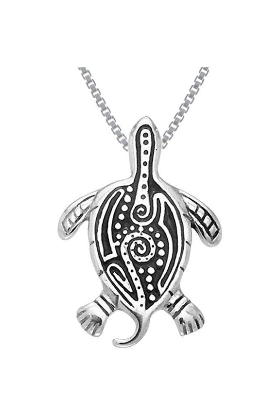 Sterling Silver Turtle Pendant with Aboriginal Tribal Designs on 18 Inch Chain Necklace
