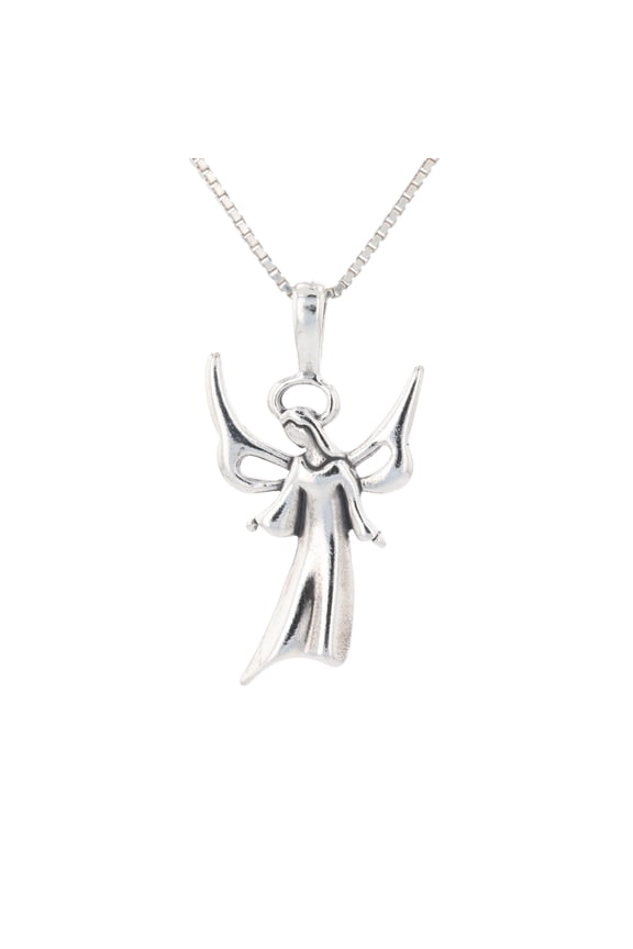 Sterling Silver Winged Angel Pendant with 18 Inch Silver Box Chain Necklace Religious Gift