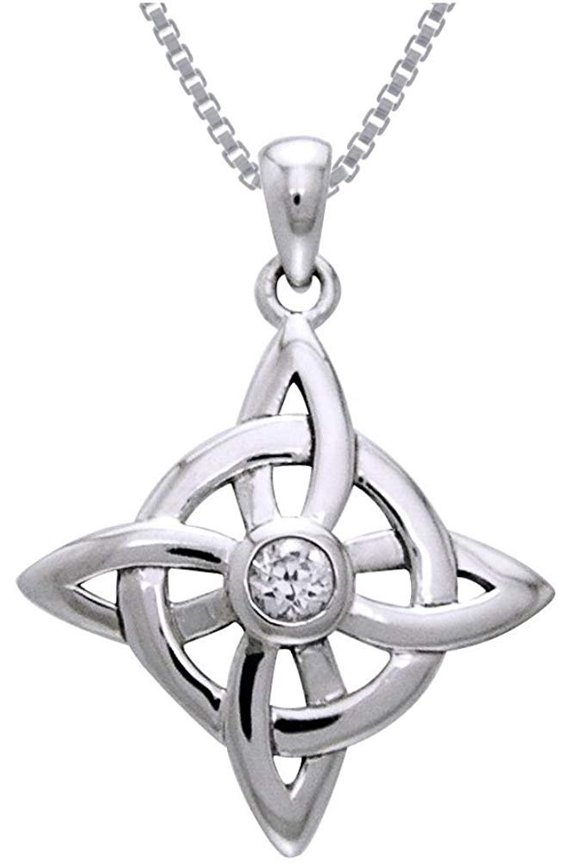 Sterling Silver and CZ Celtic Good Luck Knot Pendant on 18 Inch Box Chain Necklace