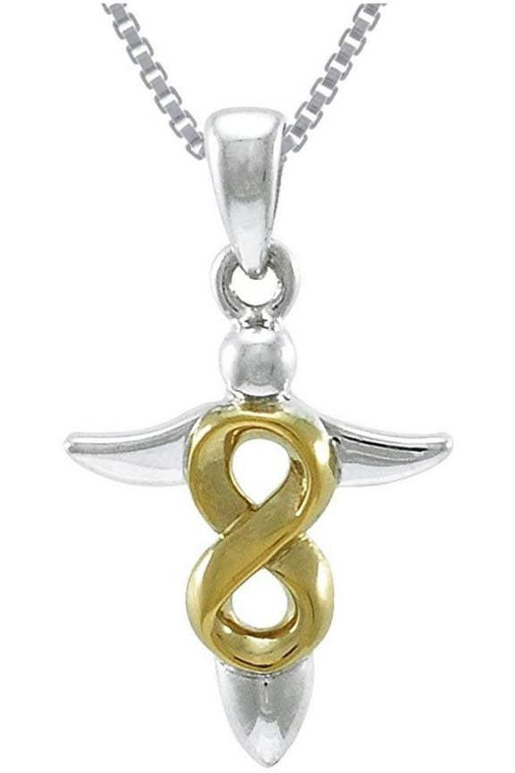 Sterling Silver and Gold-Plated Celtic Infinity Angel Pendant on 18 Inch Box Chain Necklace