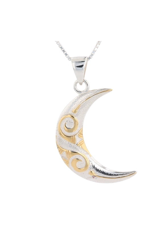 Sterling Silver and Gold-Plated Celtic Spiral Crescent Moon Pendant on 18 Inch Necklace