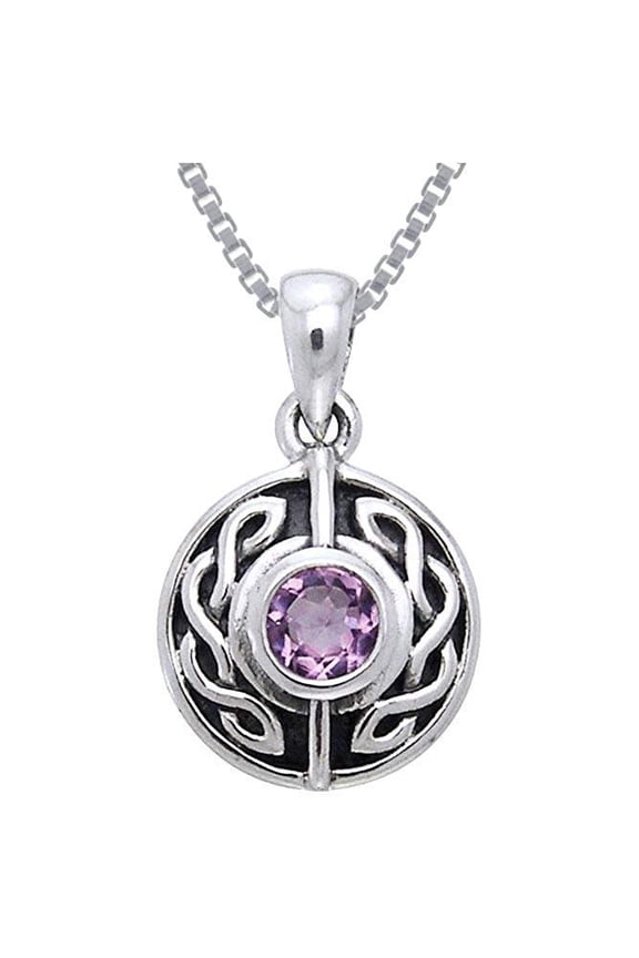 Sterling Silver with Purple Amethyst Celtic Knot Pendant on 18 Inch Box Chain Necklace