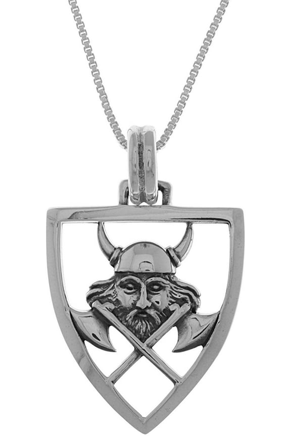Viking Warrior Battle Axe Shield Sterling Silver Pendant Necklace 18"