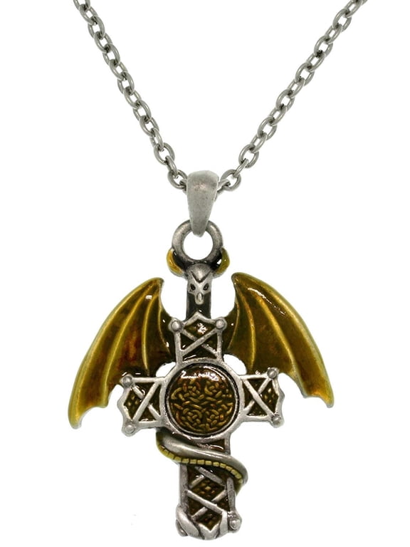 Warrior Dragon Celtic Cross Pewter Pendant Necklace 23"