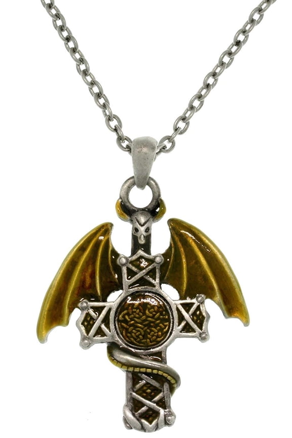 Warrior Dragon Celtic Cross Pewter Pendant Necklace 23"