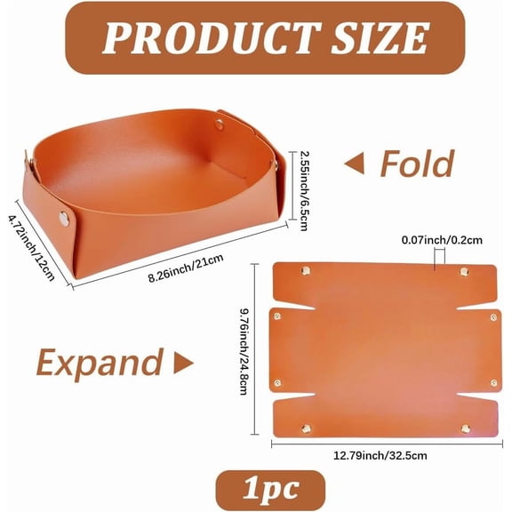 Jewelry Valet Tray PU Leather Basket Entryway Table Storage Box Portable Travel Organizer Folding Bedside Desktop Catchall for Women Men Watch Key Glasses Cosmetic Coin Orange 12.8x9.8in