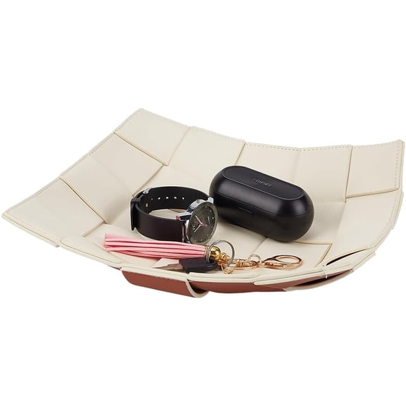 Jewelry Valet Tray PU Leather Reversible Key Bowl Knitting Entryway Table Storage Plates Organizer Bedside Nightstand Desktop Catchall for Women Men Watch Earphone Glasses Wallet Coin 9.7in DIY