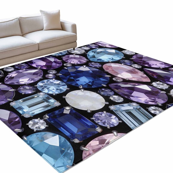 Jewelry Washable Rug 9x12 Area Rug for Living Room Bedroom Non Slip Indoor Floor Rectangle Carpet Soft Low Pile Large Blue Purple Gemstone Classic Black Entryway Rugs for Dining Room Office Home