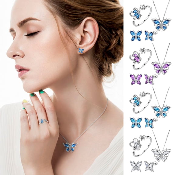Jewelry Women 925 Butterflies Birthstone Pendant Necklace/Earrings/Rings Wedding Gift