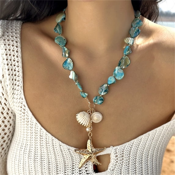 Jewelry For Women Chunky Gold Seashell Necklaces For Women Chunky Blue Statement Pearl Pendant Necklace Dainty Summer Beach Fashion Jewelry Necklace for Women Cute Dainty Pendant Choker Simple Weddin