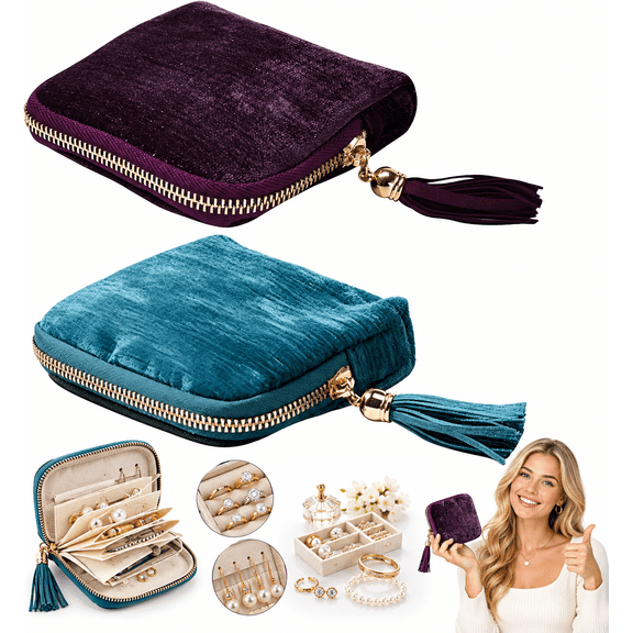 Jewelry Zipper Pouch 2-Pack, Tangle-Free Jewelry Travel Case with Velvet Exterior & Cotton Lining, 6 Divided Compartments, Matte Finish