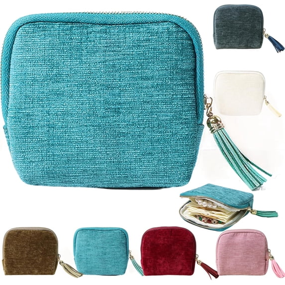 Jewelry Zippered Pocket Case Travel Jewelry Bag Portable Organizer, Travel Jewelry Pouch with Zipper & Tassel, Mini Foldable for Necklaces Rings Bracelets, Travel Gifts for Women (Light Blue)