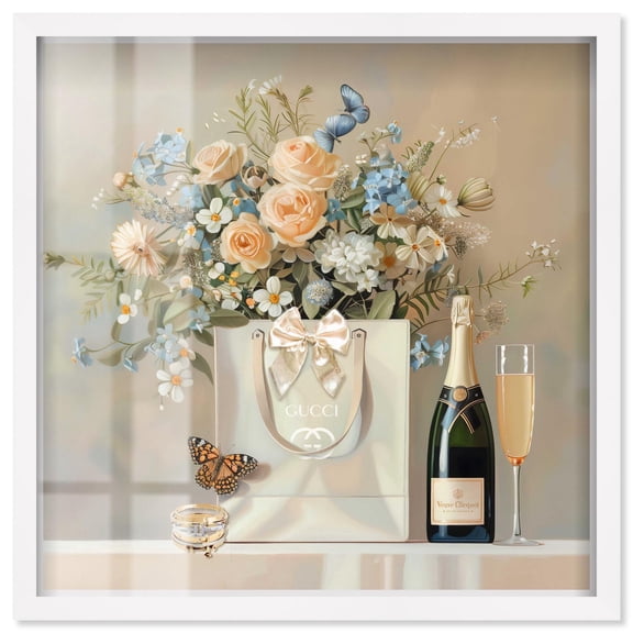 Jewelry and Bow Shopping Bag Shadowbox Print Fashion Floral Art by Art Remedy, White Frame, 16 x 16
