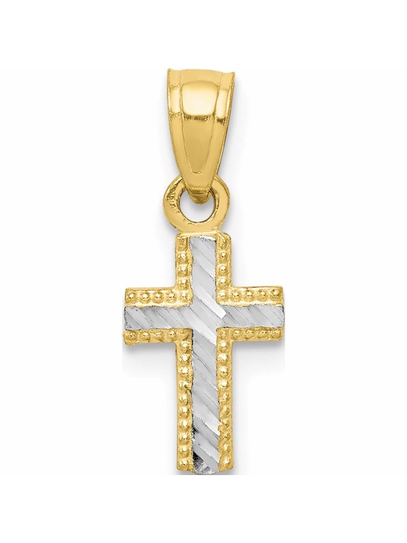 10K and White Rhodium Tiny Diamond-Cut Cross Pendant, 18 x 7 mm (Chain Not Included)