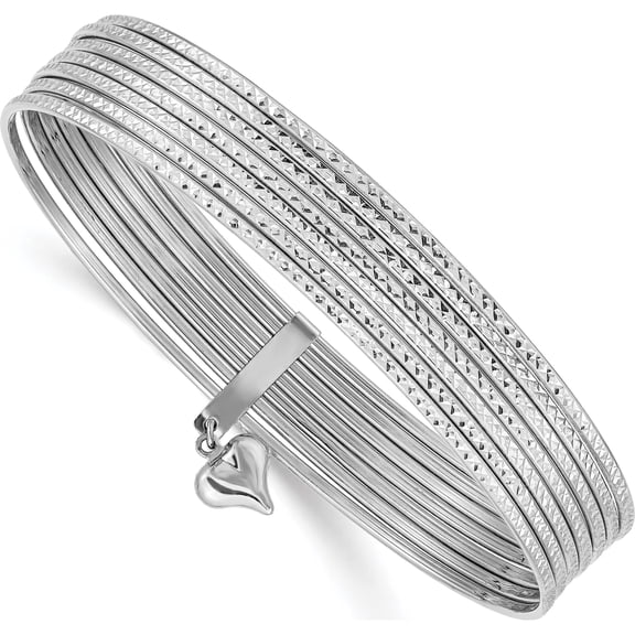 Jewelry by Sweet Pea 14K Oversize White Gold Polished and Textured with Dangle Heart 7-Strand 11.00mm Slip-on Round Bangle Bracelet