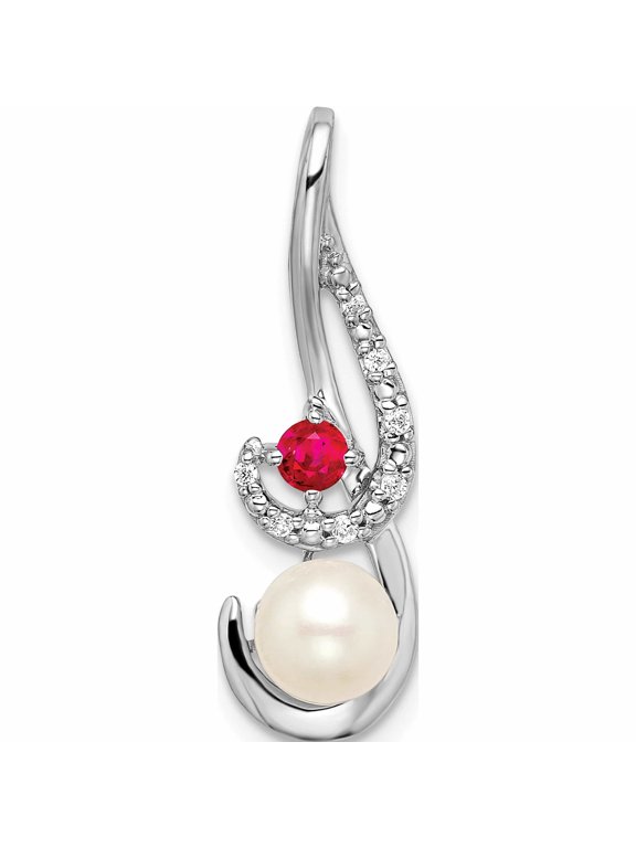 14K White Gold 6-7mm Round White Freshwater Cultured Pearl/Ruby/Diamond Slide Fits up to 4mm Fancy Omega Only