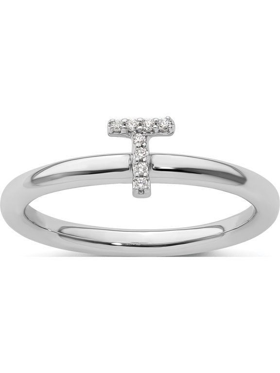 14K White Gold Stackable Diamond Initial T Size 7 Ring
