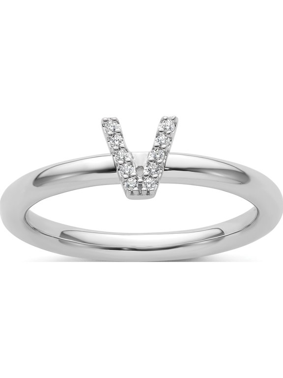 14K White Gold Stackable Diamond Initial V Size 7 Ring