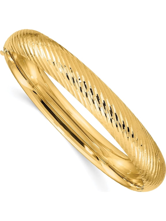 14K Yellow Gold 7/16 Polished Textured 10.00mm Hinged Oval Bangle Bracelet