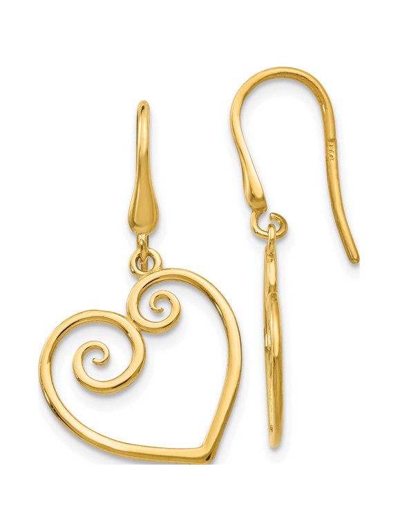 14K Yellow Gold Fancy Scrolled Heart Dangle French Hook Earrings